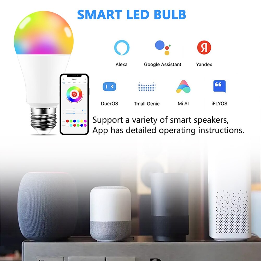 2025年 15 ワット wifi スマート電球 e27 LED rgb ランプ alexa/google ホームで動作 85-265v rgbwhite 調光可能なタイマー機能カラー電球  コレクション – $17.99 –P1