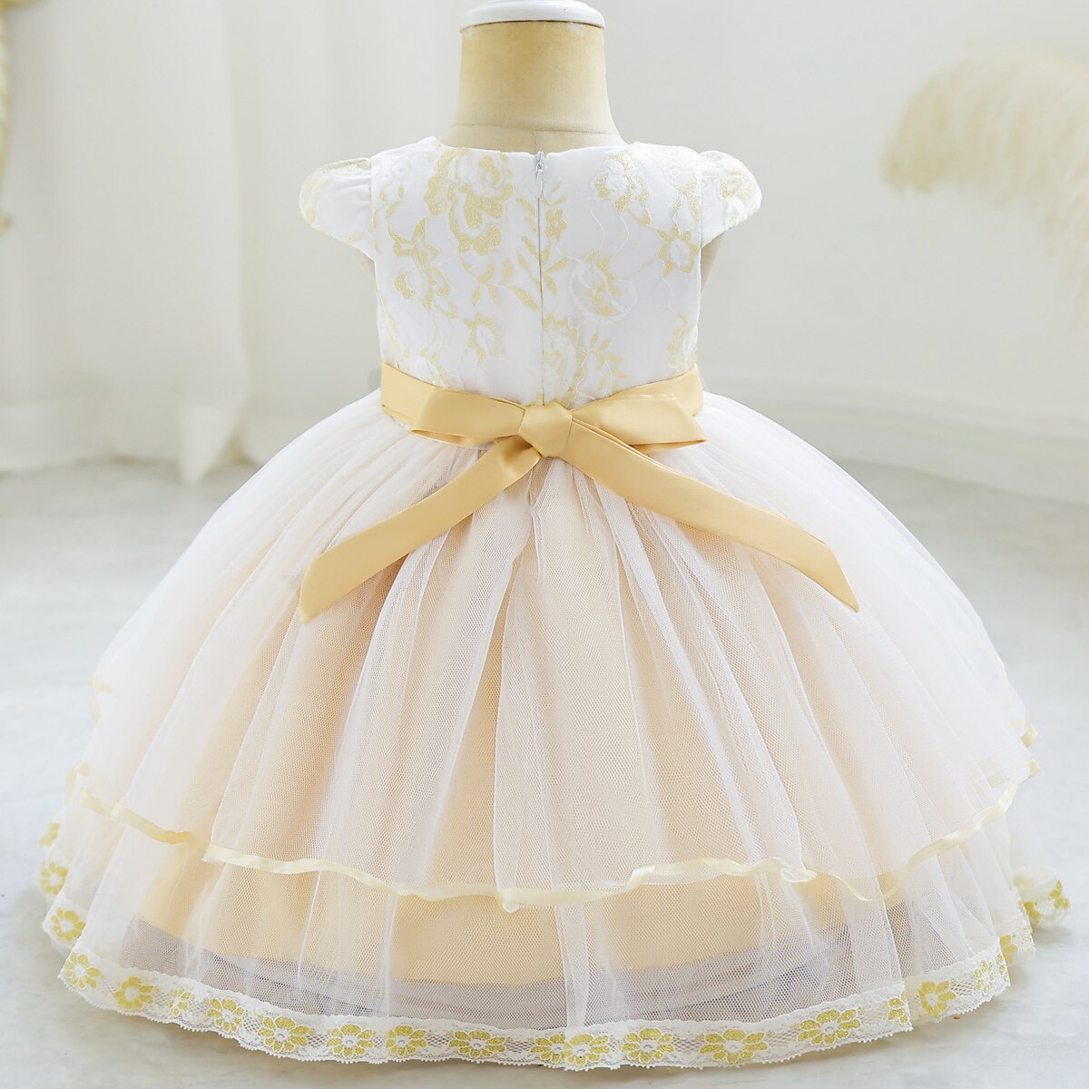 Kleid für Kleinkinder, Mädchen, Blume, ärmellos, Performance, Party, Netz, niedlich, Polyester, knielang, Tüllkleid, Sommer, Frühling, 0–3 Jahre, Gold 2025 - $33.99 –P5