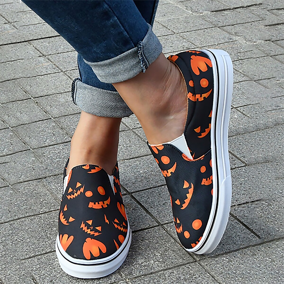 dámské halloween dýňové slip-on boty - pohodlné plátěné tenisky s potiskem jack-o'-lantern, ideální pro běžné nošení a halloween party 2025 - $26.99 –P1