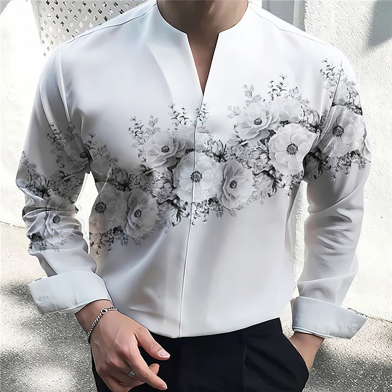 Herre Blomstret Skjorte Skjorte med knapper Langermet Mote Gatemote Designer utendørs Avslappet Daglig Sommer Høst V-hals Trykt mønster Gul Rosa Blå Lilla Grå 2025 - $26.99 –P6
