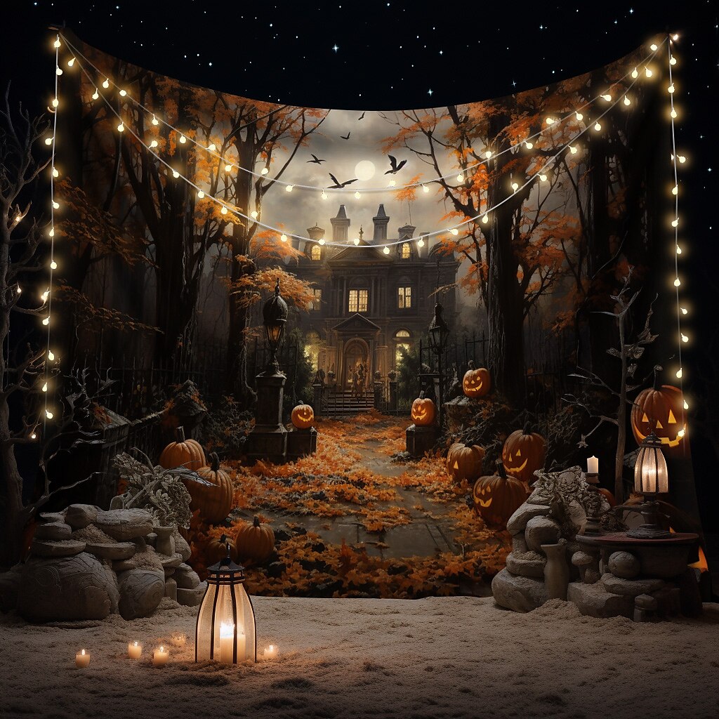 halloween dekorációk gobelin jack o lámpás tök dekor fal művészet nagy függő gobelin falfestmény fénykép háttér takaró függöny otthon hálószoba nappali denevérek kísértetjárta ház temető 2025 - $13.99 –P4