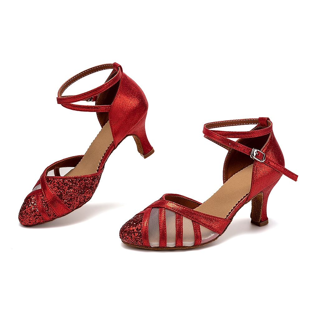 pantofi de dans latino cu sclipici roșii pentru damă – tocuri de sală cu bandă din plasă cu talpă de piele intoarsă pentru salsa și performanță 2025 - $32.99 –P1