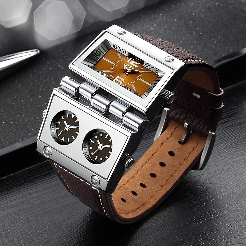 Oulm Quartz Watches for Men Sports Mens Wristwatch Three Time Zone Casual Square Dial Unique Leather Watch Male relogio masculino 2024 33.99