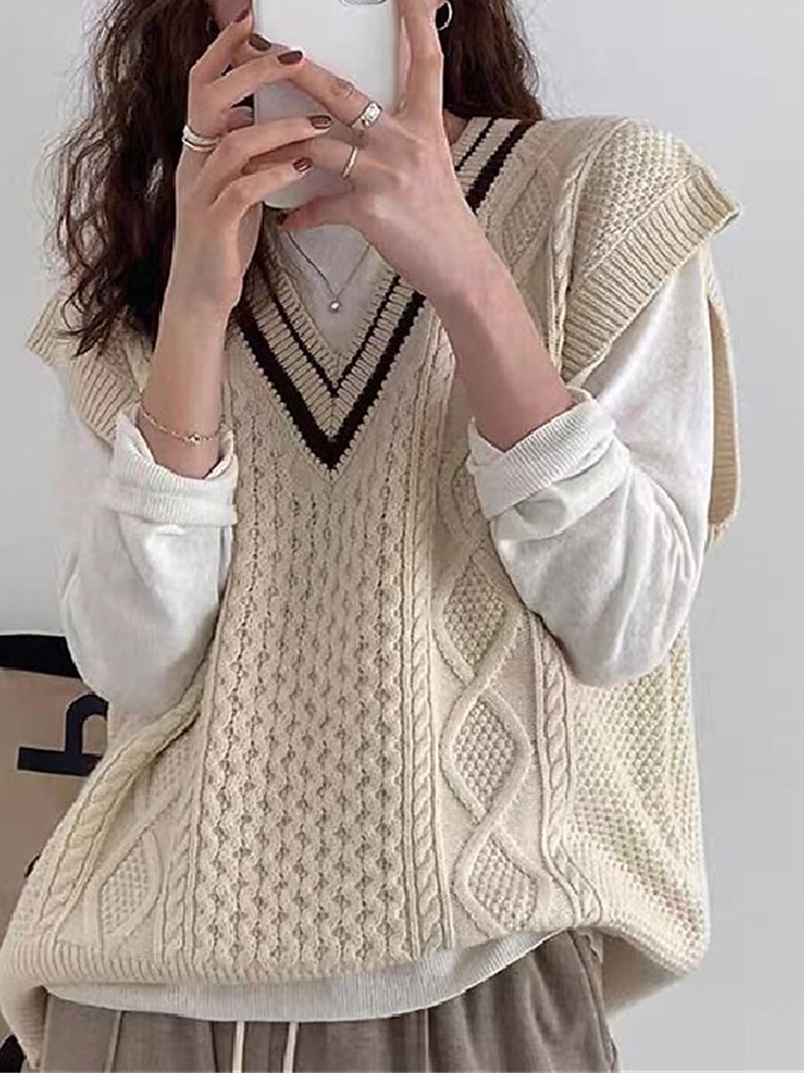 Women's Sweater Vest V Neck Cable Knit Knit Oversized Summer Fall Outdoor Daily Going out Stylish Casual Soft Sleeveless Striped Wine Navy Blue Beige One-Size 2023 - US $25.99 –P2