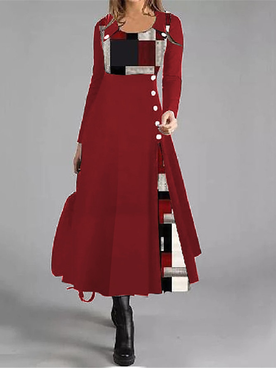 Women's Causal Dress A-Line Dress Geometric Patchwork Button Long Sleeve Round Neck Black Red Work Fall Winter Soft Comfortable Regular 2025 - $30.99 –P3