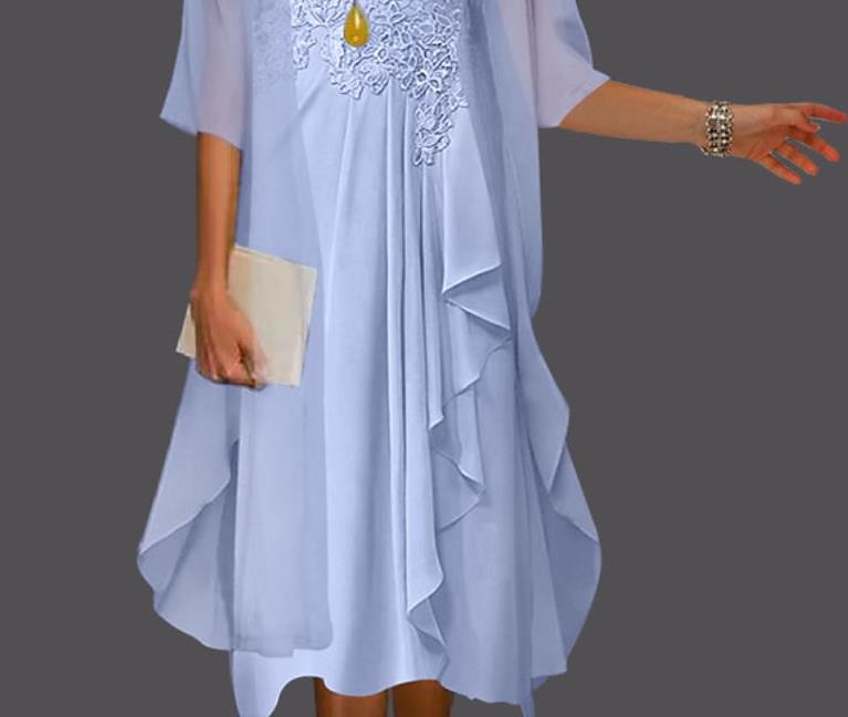 Robe à deux pièces A-ligne pour la mère de la mariée à la plage invitée de mariage élégant col arrondi longueur genou chiffon dentelle sans manches vestes avec plis et appliqués 2025 taille de 2025 ? $123.99 –P2