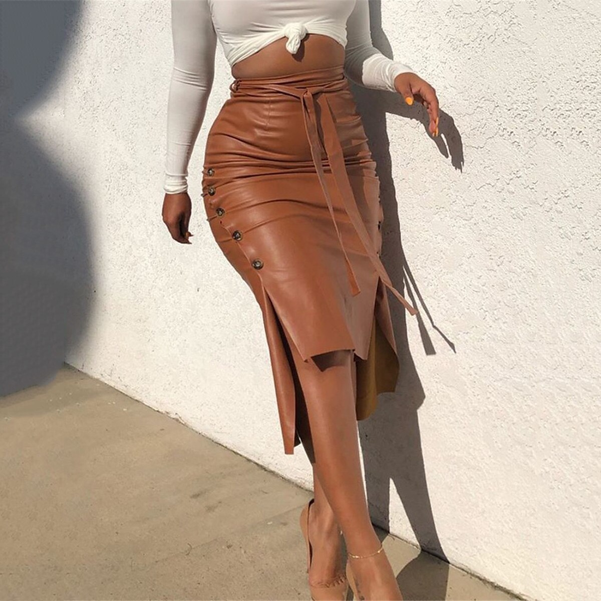 Women's Skirt Bodycon Fashion Casual Midi High Waist Skirts Solid Colored Maillard Split Ends Vacation Street Black Wine Brown Spring Faux Leather Leather 2025 - $21.99 –P3