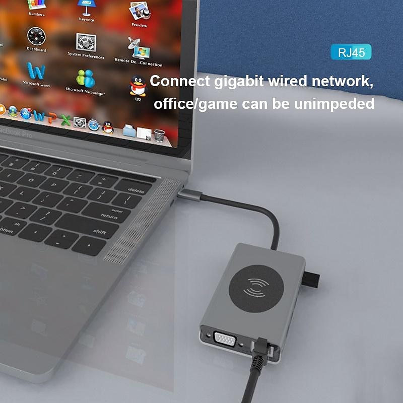 13 IN 1 USB C HUB Adapter with Wireless Charging USB C To HDMI 3.5mm Jack Audio SD TF HDMI VGA RJ45 USB3.0 Docking Station for MacbookPRO 2025 - $68.99 –P6