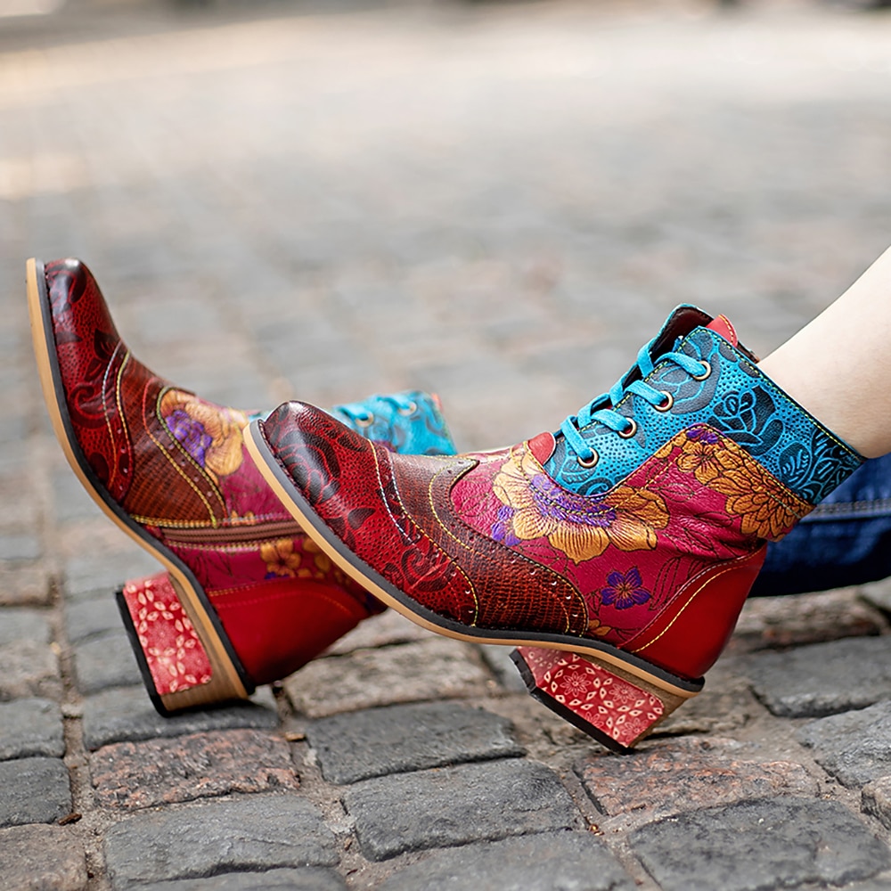 Botine de damă retro florale cu șireturi, cu fermoar, design colorat mozaic – stil casual și vintage pentru purtarea de zi cu zi 2025 - $94.99 –P6