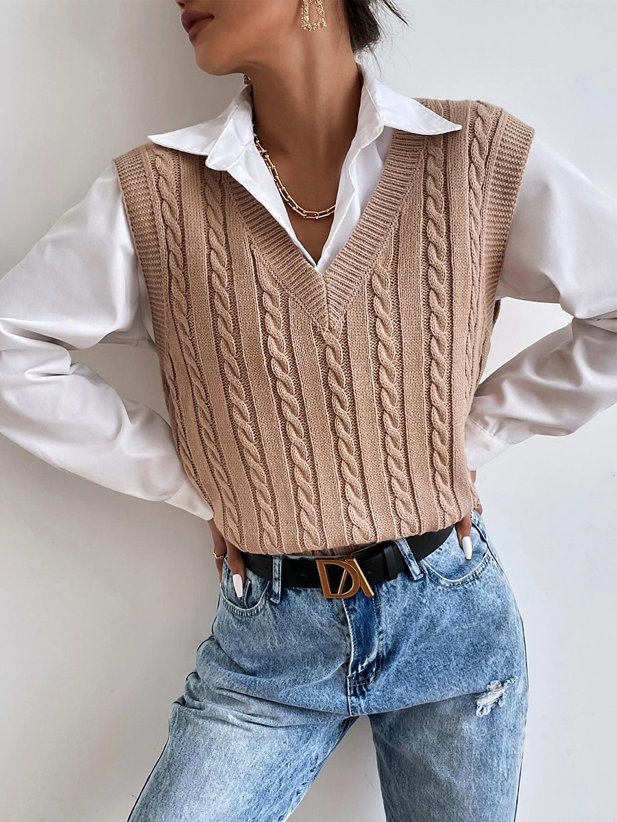 Women's Sweater Vest V Neck Ribbed Cable Knit Acrylic Patchwork Fall Winter Outdoor Daily Going out Stylish Casual Soft Sleeveless Solid Color Maillard Black Khaki S M L 2023 - US $27.99 –P6
