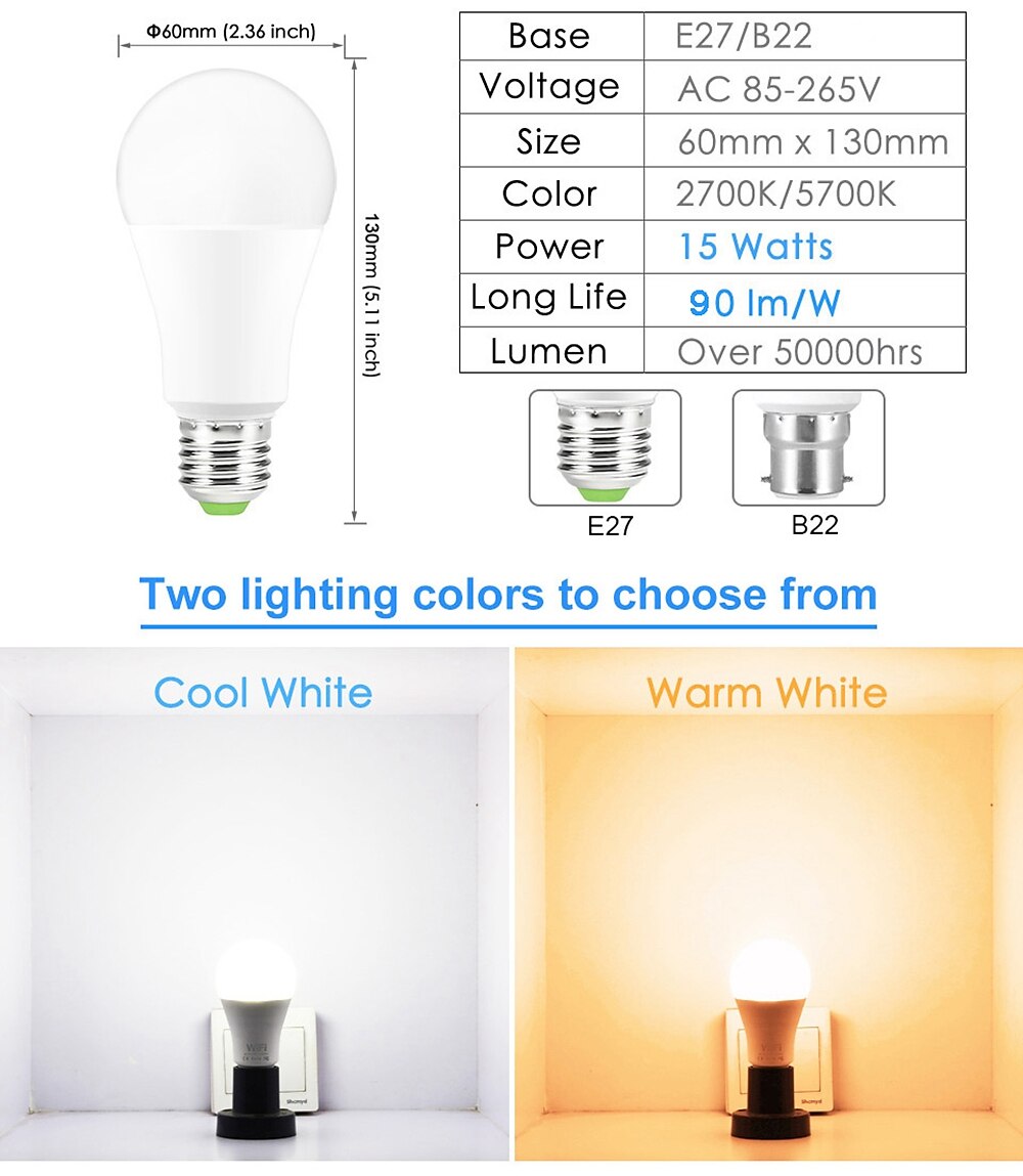 2025年 15 ワット wifi スマート電球 e27 LED rgb ランプ alexa/google ホームで動作 85-265v rgbwhite 調光可能なタイマー機能カラー電球  コレクション – $17.99 –P3