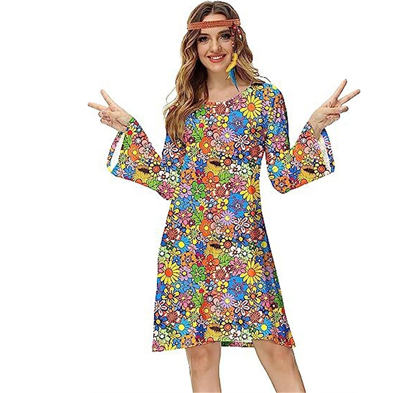 Hippie 1970er Disko Kleid Cosplay Kostüm Stirnband Trompetenärmel Hippie Disco Damen Mädchen Halloween Karneval Maskerade Party-Abendmode Pride Parade Pride-Monat Erwachsene Kleid Stirnband Frühling 2025 - €20.99 –P6