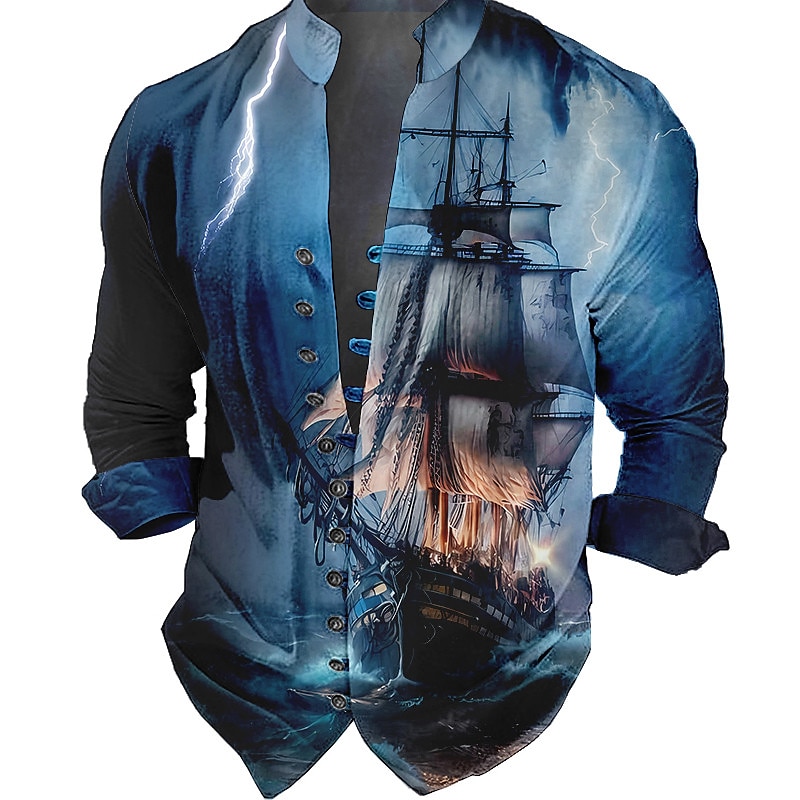 Men's Nautical Vintage Sailboat Shirt Button Up Shirt Long Sleeve Fashion Streetwear Designer Outdoor Casual Daily Summer Spring Fall Stand Collar Print Blue-Green Red Blue Green Gray 2025 - $24.99 –P1