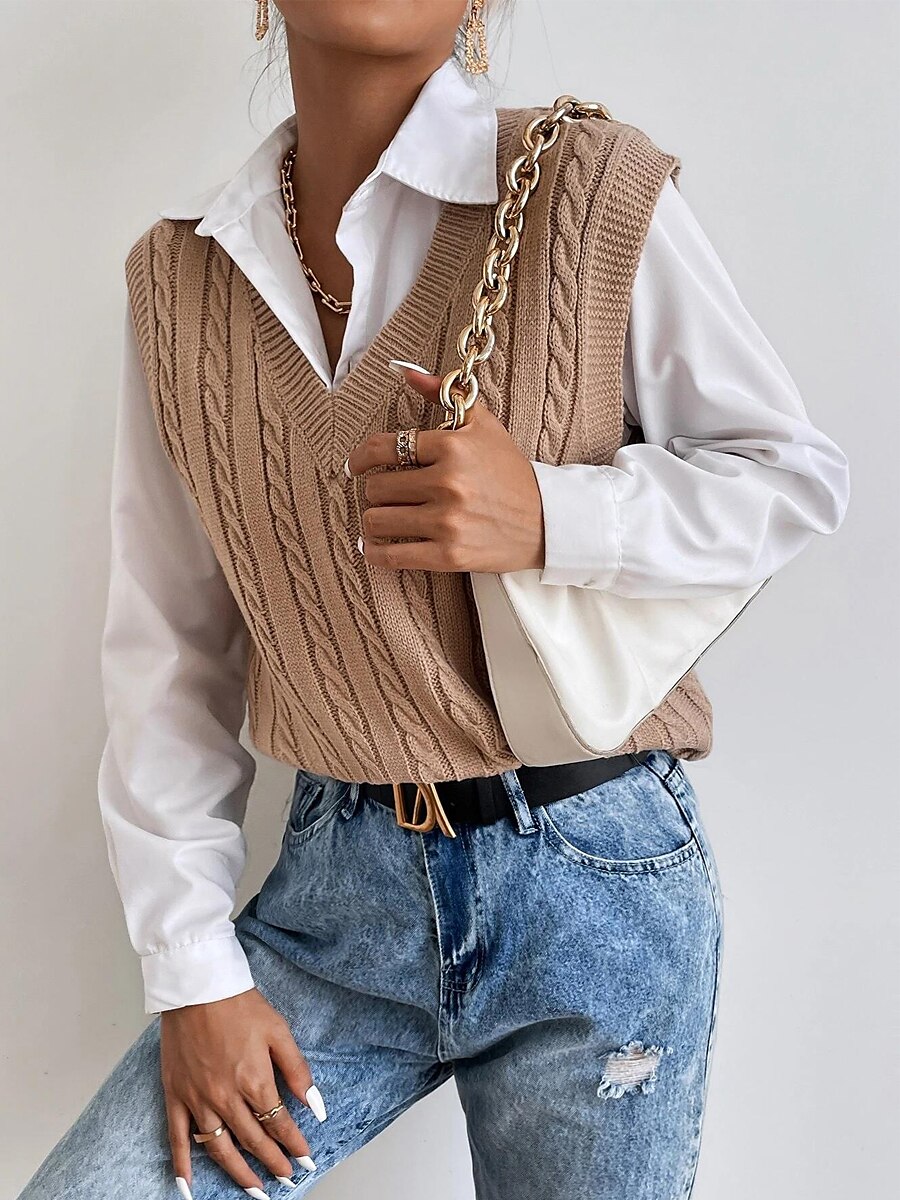Women's Sweater Vest V Neck Ribbed Cable Knit Acrylic Patchwork Fall Winter Outdoor Daily Going out Stylish Casual Soft Sleeveless Solid Color Maillard Black Khaki S M L 2023 - US $27.99 –P3