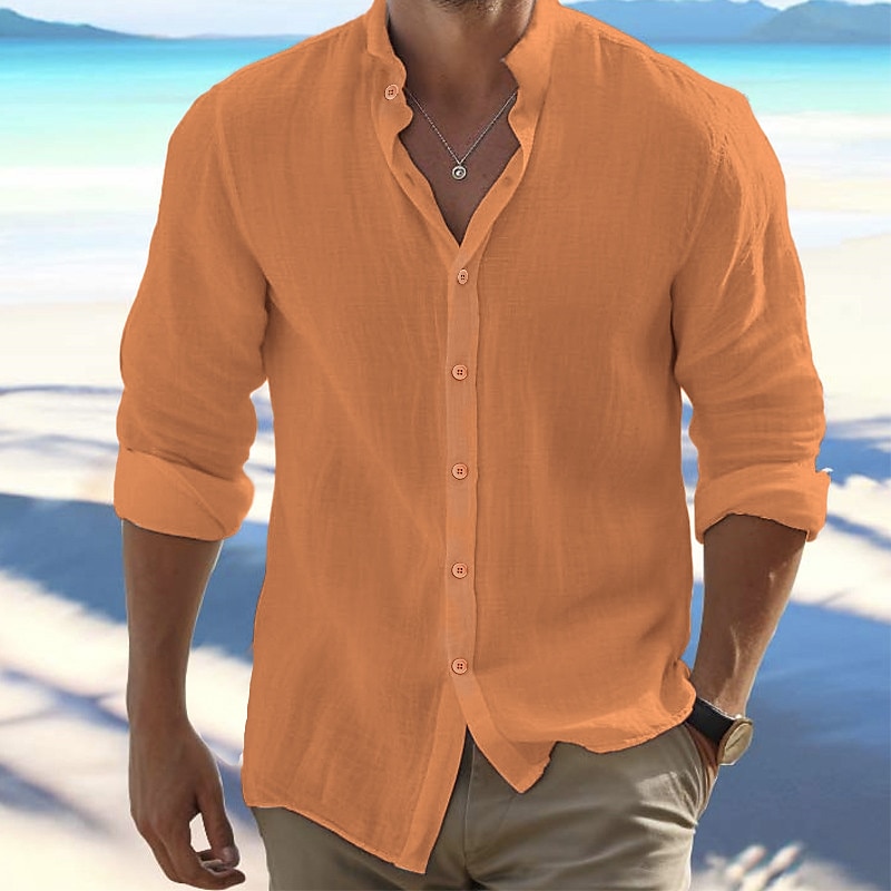 Men's Shirt Linen Shirt Button Up Shirt Summer Shirt Beach Shirt Black  White Yellow Long Sleeve Plain Band Collar Spring & Summer Casual Daily Clothing  Apparel 2024 - $19.49