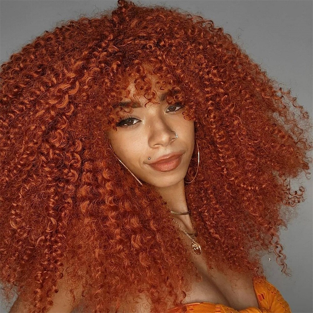 18 inch lange krullende pruik met pony voor zwarte vrouwen afro bom kinky krullende pruik pluizig en zacht synthetisch haar 2025 - $24.99 –P16
