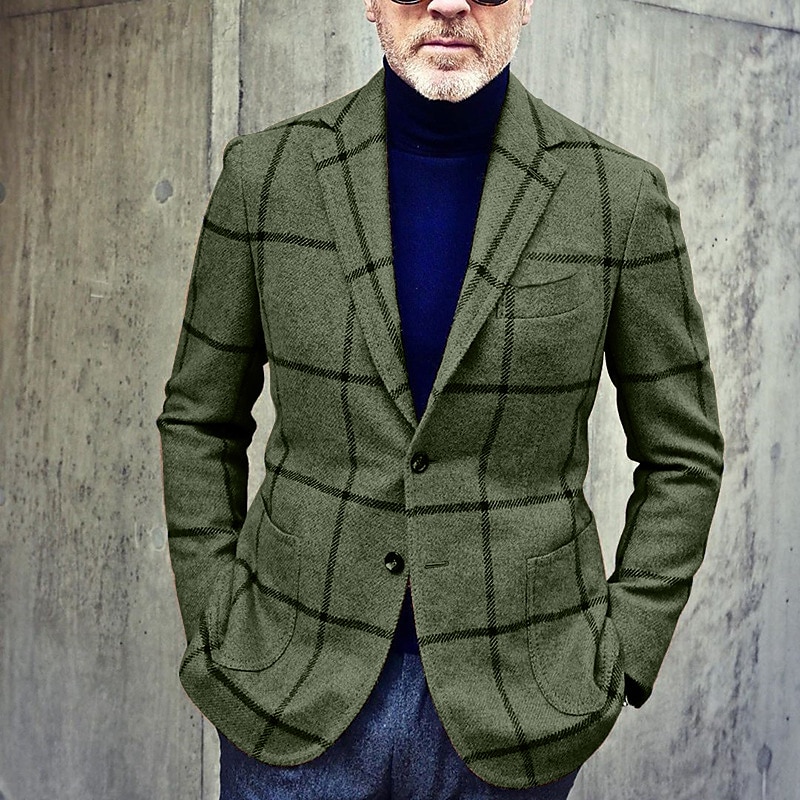 Herr Kavajjacka Företag Kvällsfest Dagliga kläder Ficka Höst Vinter Polyester Rutig Artistisk Stil Varm Enkelknäppt med Två Knapphål Blazer Svart Brun Grön 2025 - $54.99 –P2