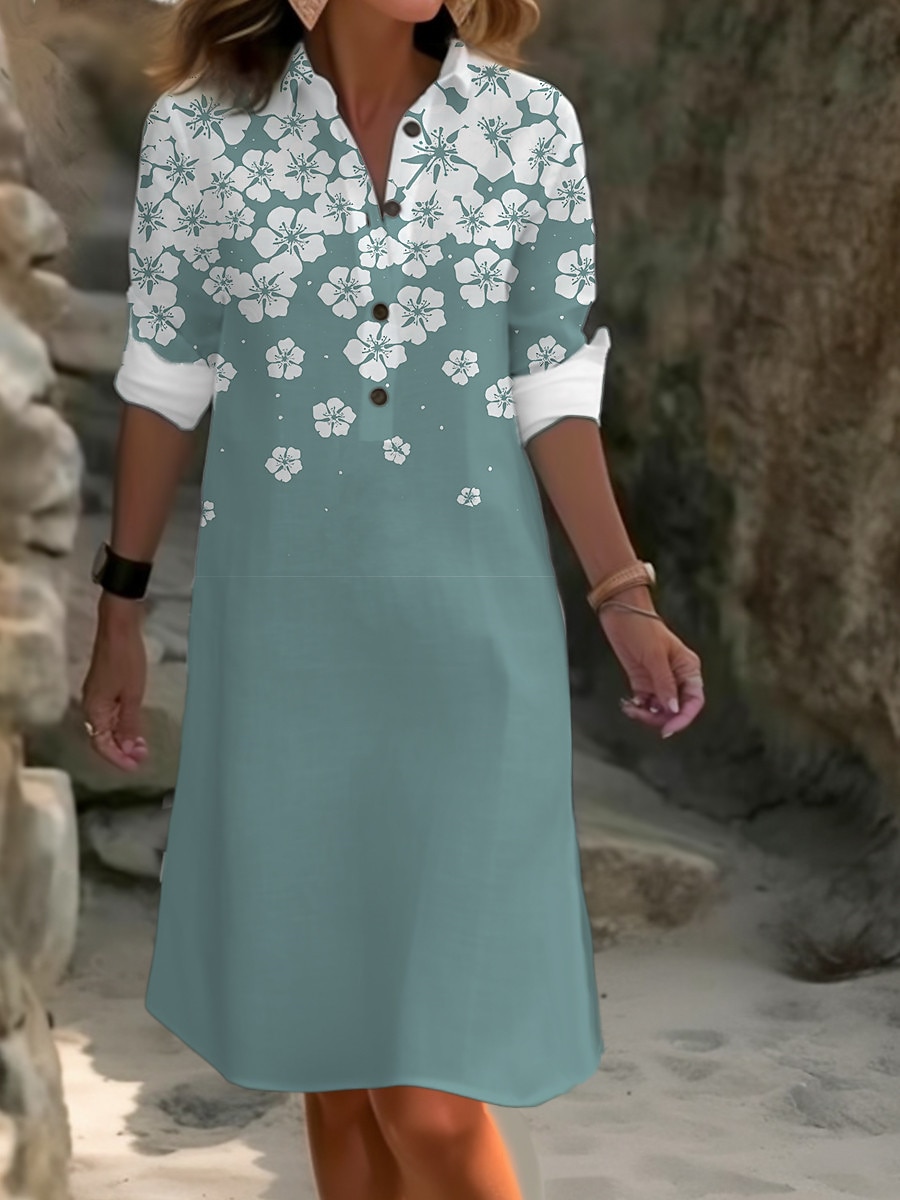 Damskie Sukienka midi Sukienki z bawełny i lnu Sukienka koszulowa Codzienne sukienki Moda Codzienne Nowoczesny Na zewnątrz Urlop Codzienny Luźna Kwiaty Długi rękaw Kołnierzyk koszuli Biały Granatowy 2025 - $32.99 –P3
