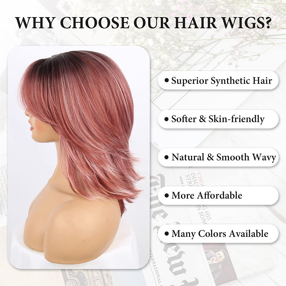 Wavy Layered Pink Wig Short Pink Wigs with Bangs for Women 14inch Layered Curly Ombre Pink Wigs with Dark Roots Natural Looking Synthetic Hair Replacement Wigs for White Women Curtain Bangs Wig 2025 - $24.99 –P5