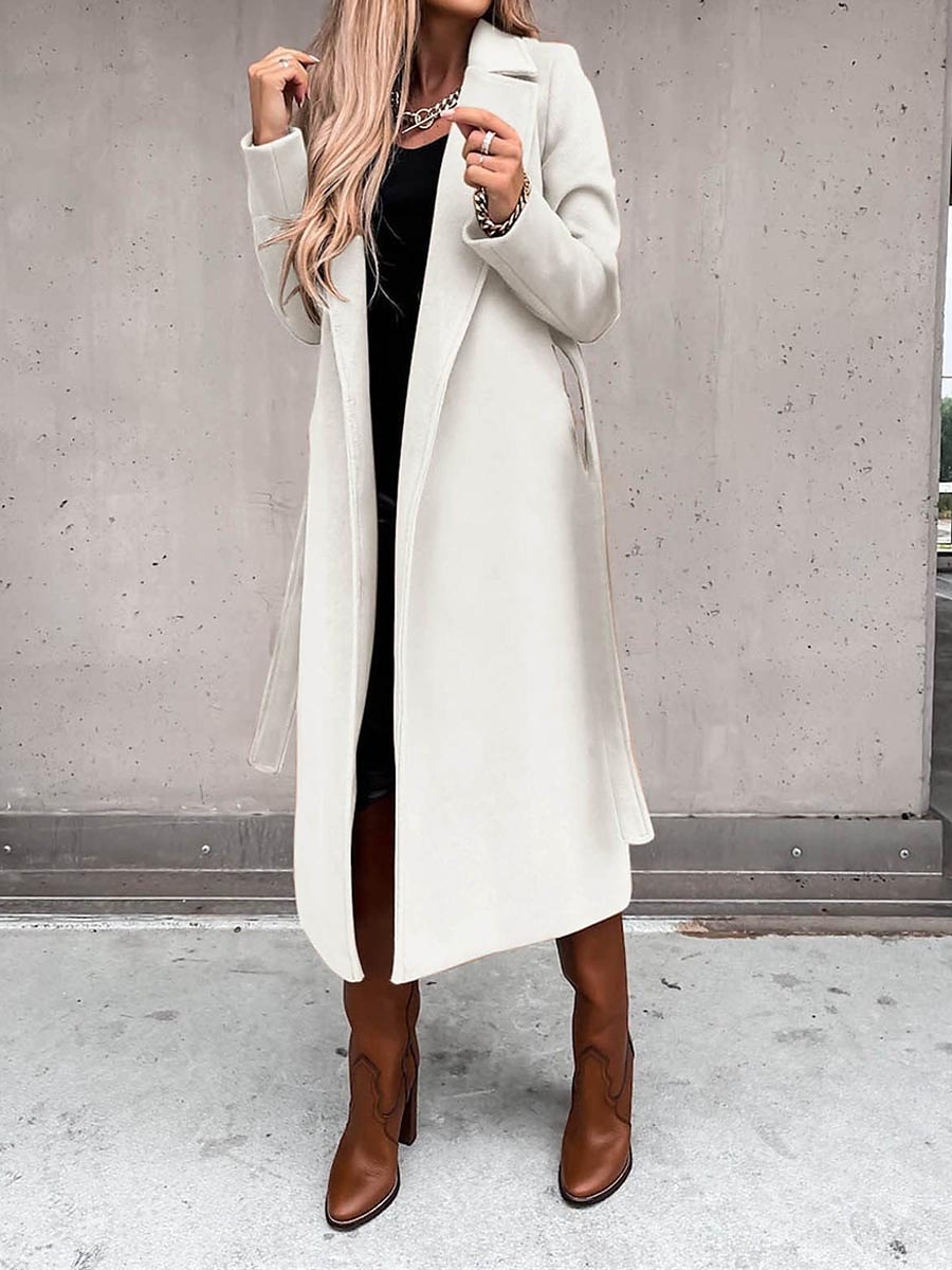 Women's Winter Coat Long Overcoat with Belt Fall Lapel Pea Coat with Pockets Trench Coat Fashion Street Wear Formal Jacket Long Sleeve  Black White Yellow 2023 - US $36.99 –P13