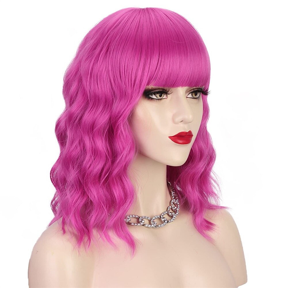 hete roze pruik met pony korte bob golvend krullend pruik schouderlengte hete roze pruiken voor vrouwen synthetisch haar kleurrijke pruik voor halloween kostuum cosplay 14 inch 2025 - $20.99 –P7