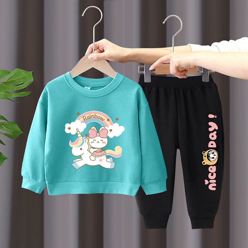 2 Stück Kinder Mädchen Regenbogen Rundhalsausschnitt Hoodie- und Jogginghosen-Set einstellen Langarm Aktiv Outdoor Baumwolle 3-7 Jahre Frühling Schwarzer Einhornpullover + schöne schwarze Hose 2025 - $16.99 –P8