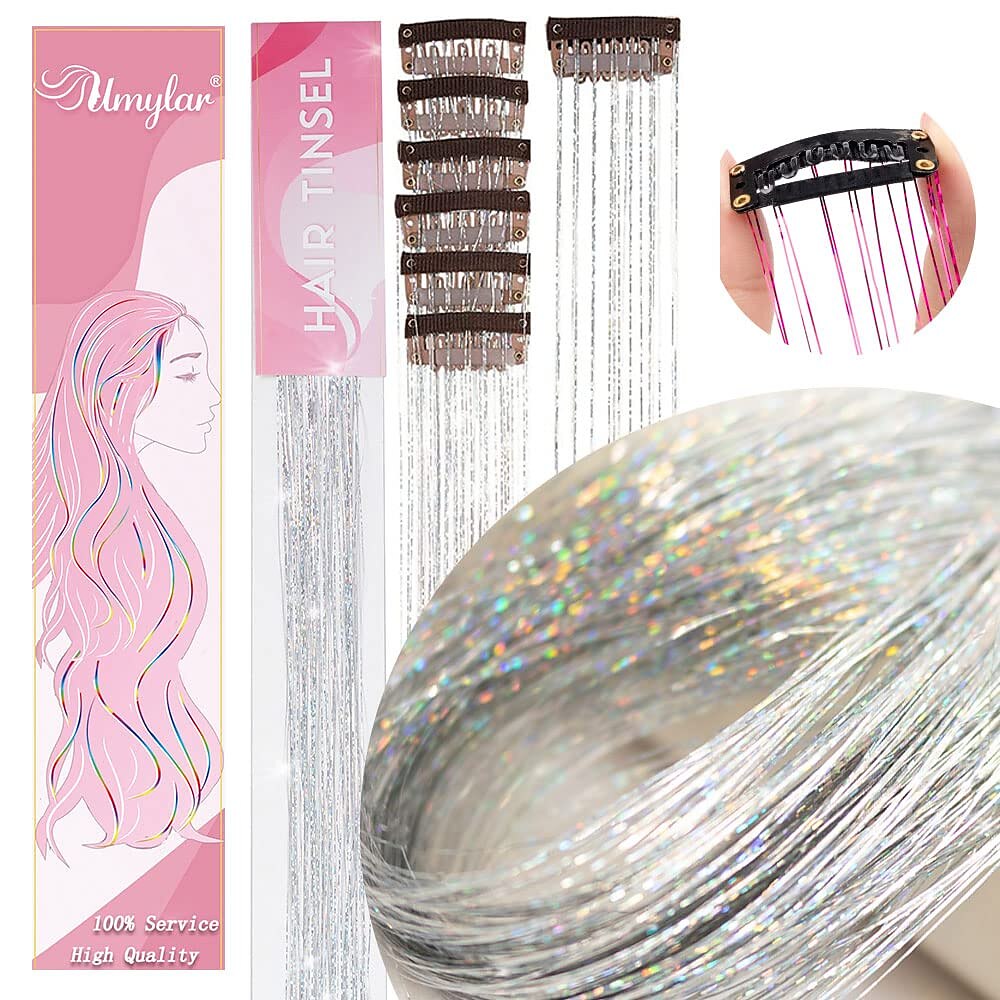 Hair Tinsel Pack of 12 Pcs Clip in Hair Tinsel Kit, 20 Inch Glitter Silver  Tinsel Hair Extensions, Festival Gift Tinsel Fairy Hair Party Dazzle Hair