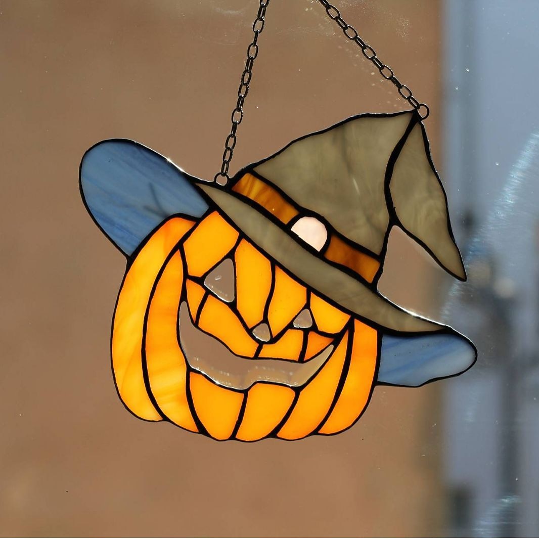 Stained Glass Pumpkin in a hat Fall Orange Halloween Suncatcher Picture Home Decor Window Wall Hangings Cling Nature Ornament Gift House 2025 - $9.49 –P4