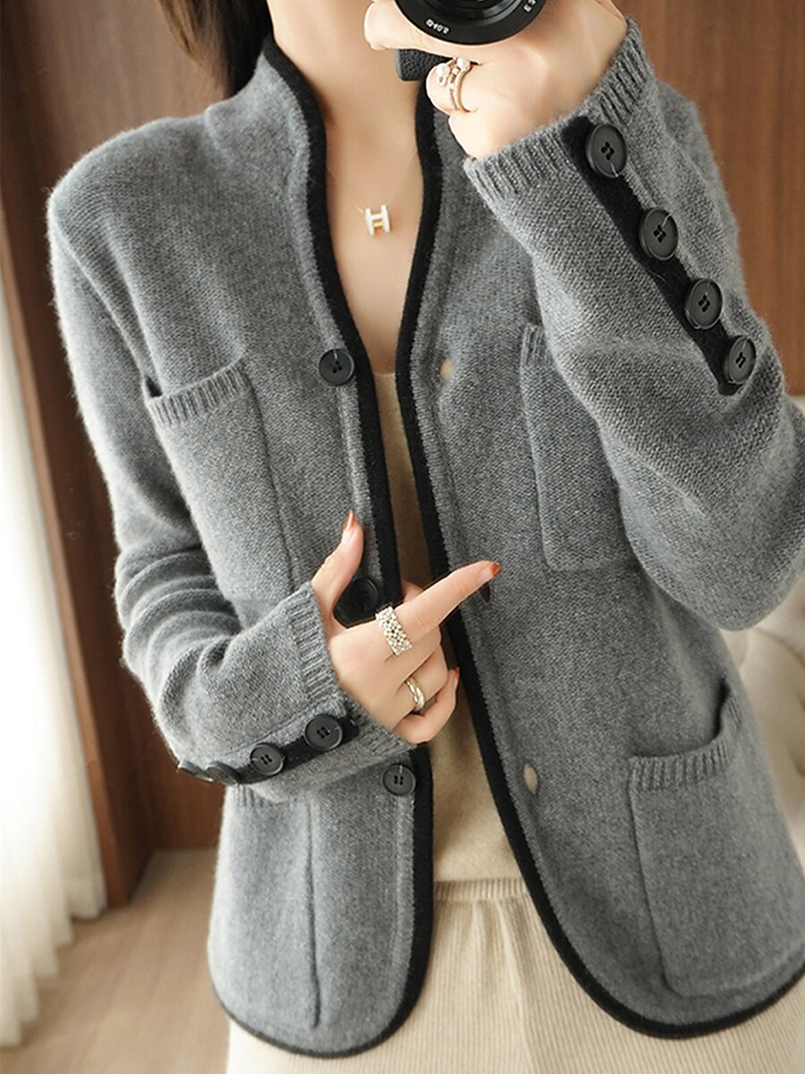 Women's Cardigan Sweater Stand Collar Ribbed Knit Alpaca Wool Button Pocket Fall Winter Outdoor Daily Going out Stylish Casual Soft Long Sleeve Solid Color Brown Beige Grey M L XL 2023 - US $27.99 –P5