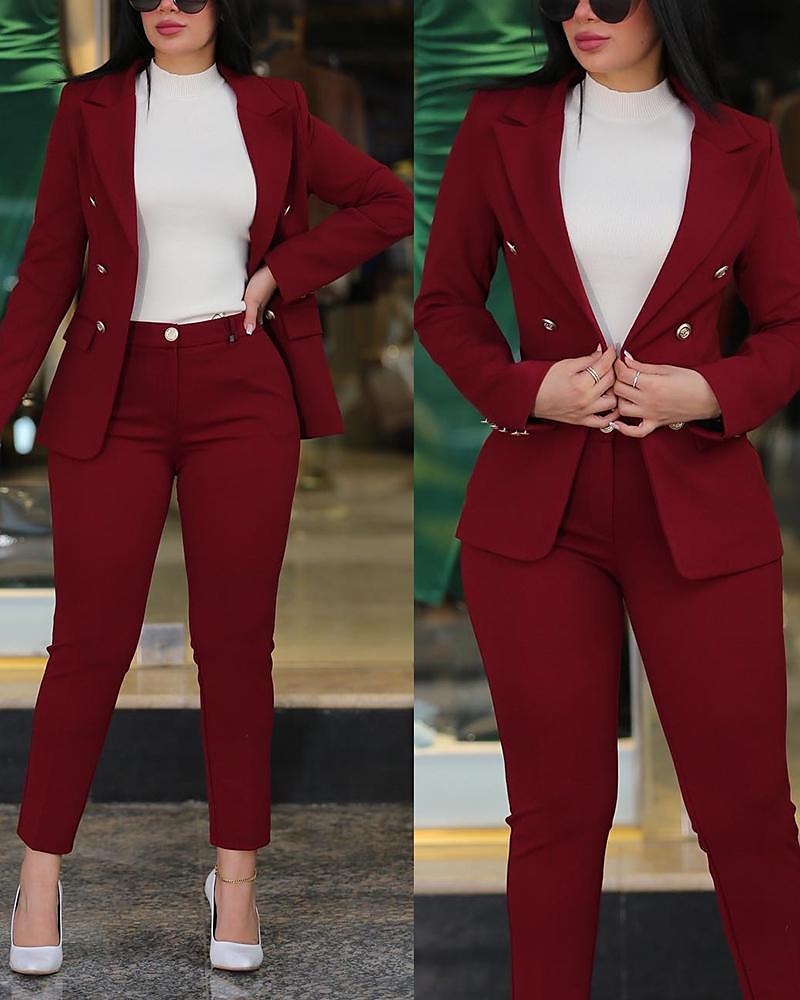 Damen Täglich Geschäftlich Blazer Büroanzug Hosen-Sets Anzughosen Hosen Hose Langarm Glatt Arbeit Täglich Schwarz Burgund Königsblau Herbst Winter Regular Fit 2025 - $38.99 –P10