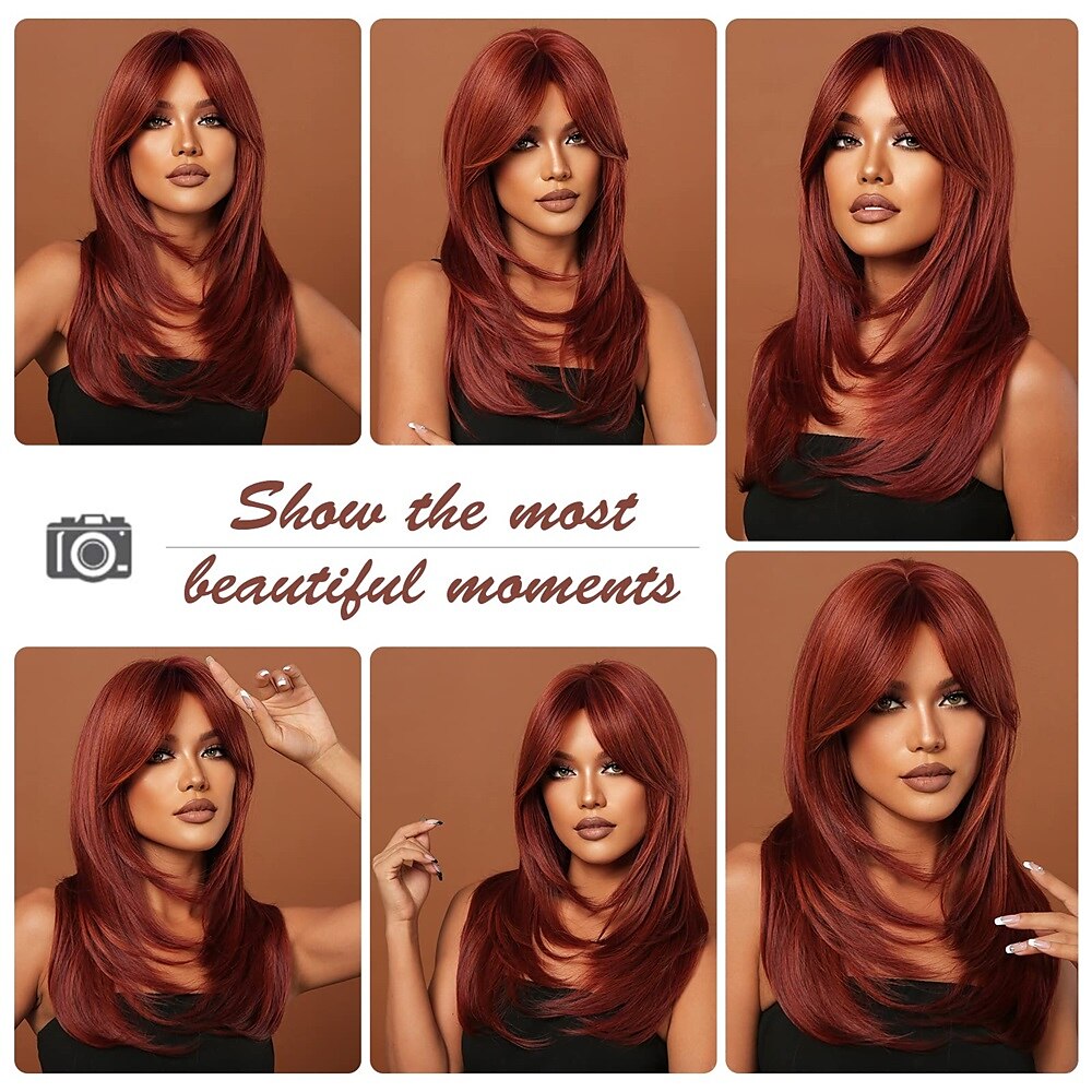 Red Wigs for WomenLong Layered Wigs with Bangs Heat Resistant Synthetic Fibre Wigs Halloween Cosplay Party Wigs 2025 - $24.99 –P4