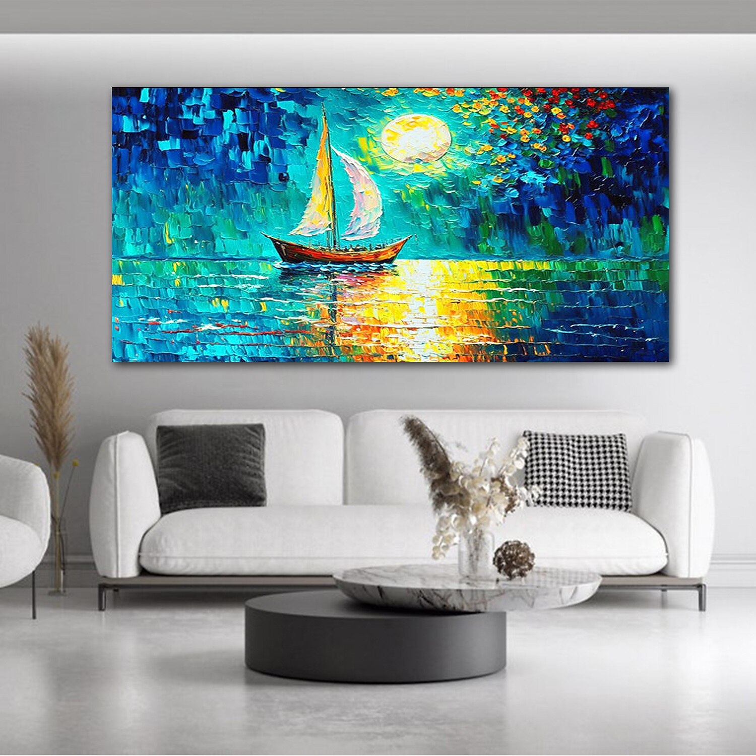 peinture à l'huile art mural peint à la mainpeinture abstraite au couteauvue sur la mer bleudécoration de la maisontoile roulée sans cadre et non étirée de 2025 ? $108.99 –P1