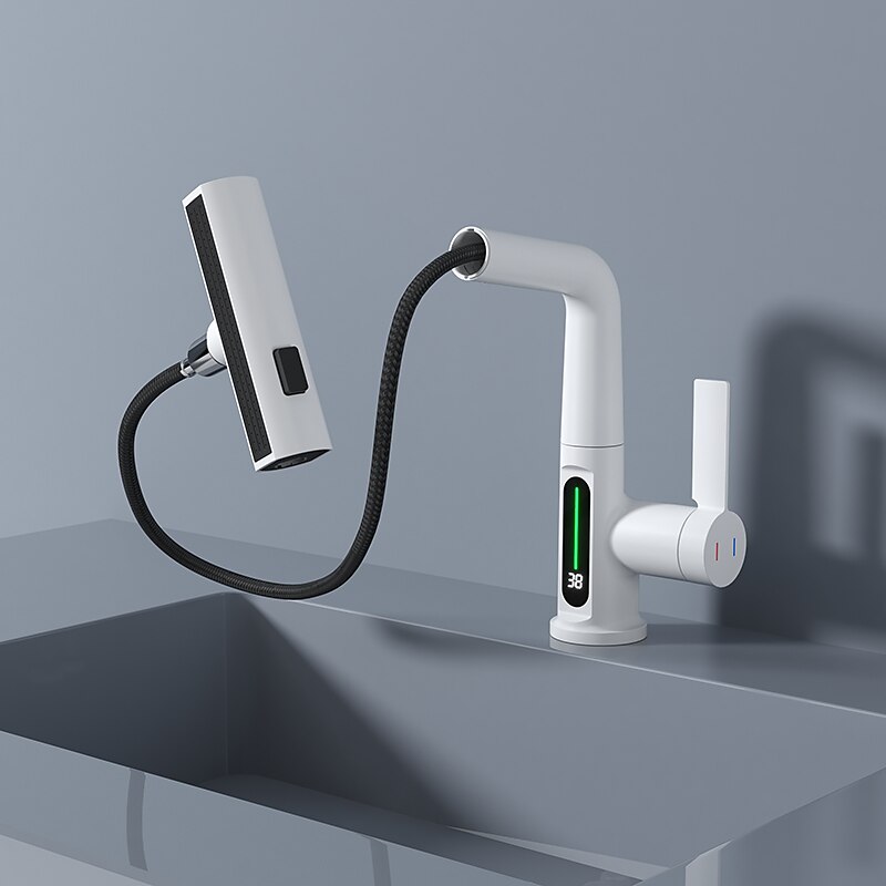 Vaskekran for baderom - Roterbar / Trekk ut / LED galvanisert / Malte overflater Centersat Enkelt Håndtak Et HullBath Taps 2025 - $145.99 –P8