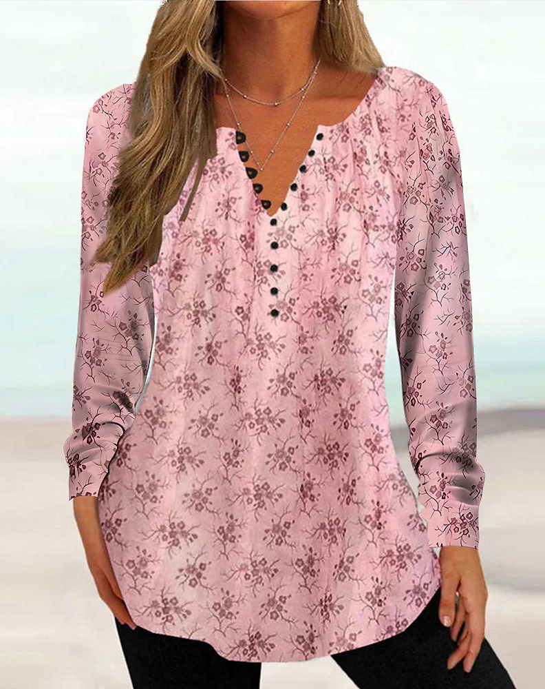 Kvinne Tunika Skjorte Henley Skjorte Bluse Tunika Basic Blomster Knappe Print Lang Erm Regular Tops Rund Hals Casual Ferie Gul Rosa Grønn Grå Lys Blå Vår Høst 2025 - $21.99 –P4