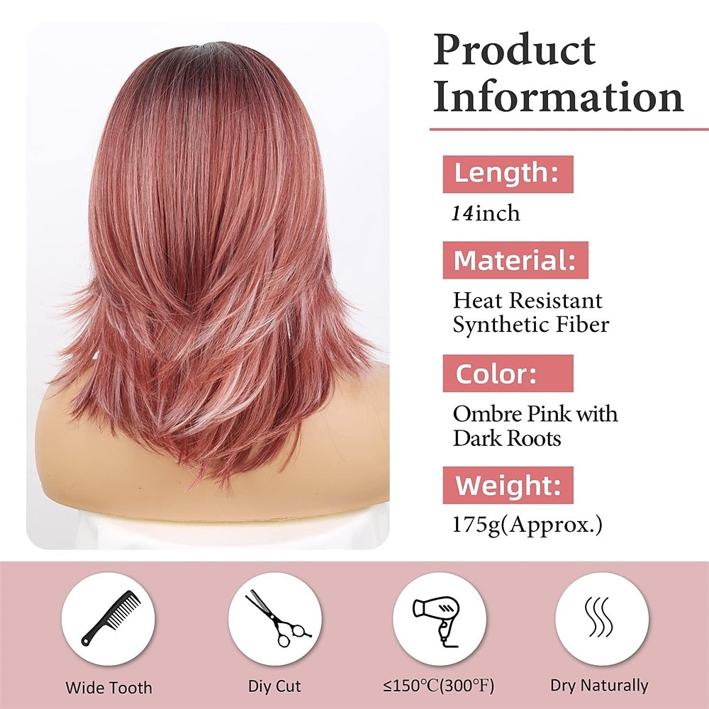 Wavy Layered Pink Wig Short Pink Wigs with Bangs for Women 14inch Layered Curly Ombre Pink Wigs with Dark Roots Natural Looking Synthetic Hair Replacement Wigs for White Women Curtain Bangs Wig 2025 - $24.99 –P8