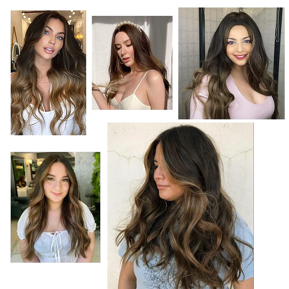 parrucche castane a onde lunghe parrucca per le donne parrucca di capelli dell'onda del corpo con parrucca bionda evidenziata per le donne uso quotidiano del partito parrucche del partito di cosplay del 2025 a $31.99 –P3