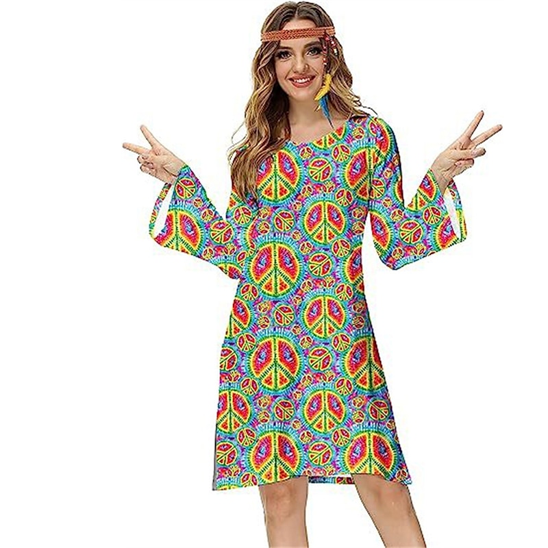 Hippie 1970er Disko Kleid Cosplay Kostüm Stirnband Trompetenärmel Hippie Disco Damen Mädchen Halloween Karneval Maskerade Party-Abendmode Pride Parade Pride-Monat Erwachsene Kleid Stirnband Frühling 2025 - €20.99 –P4
