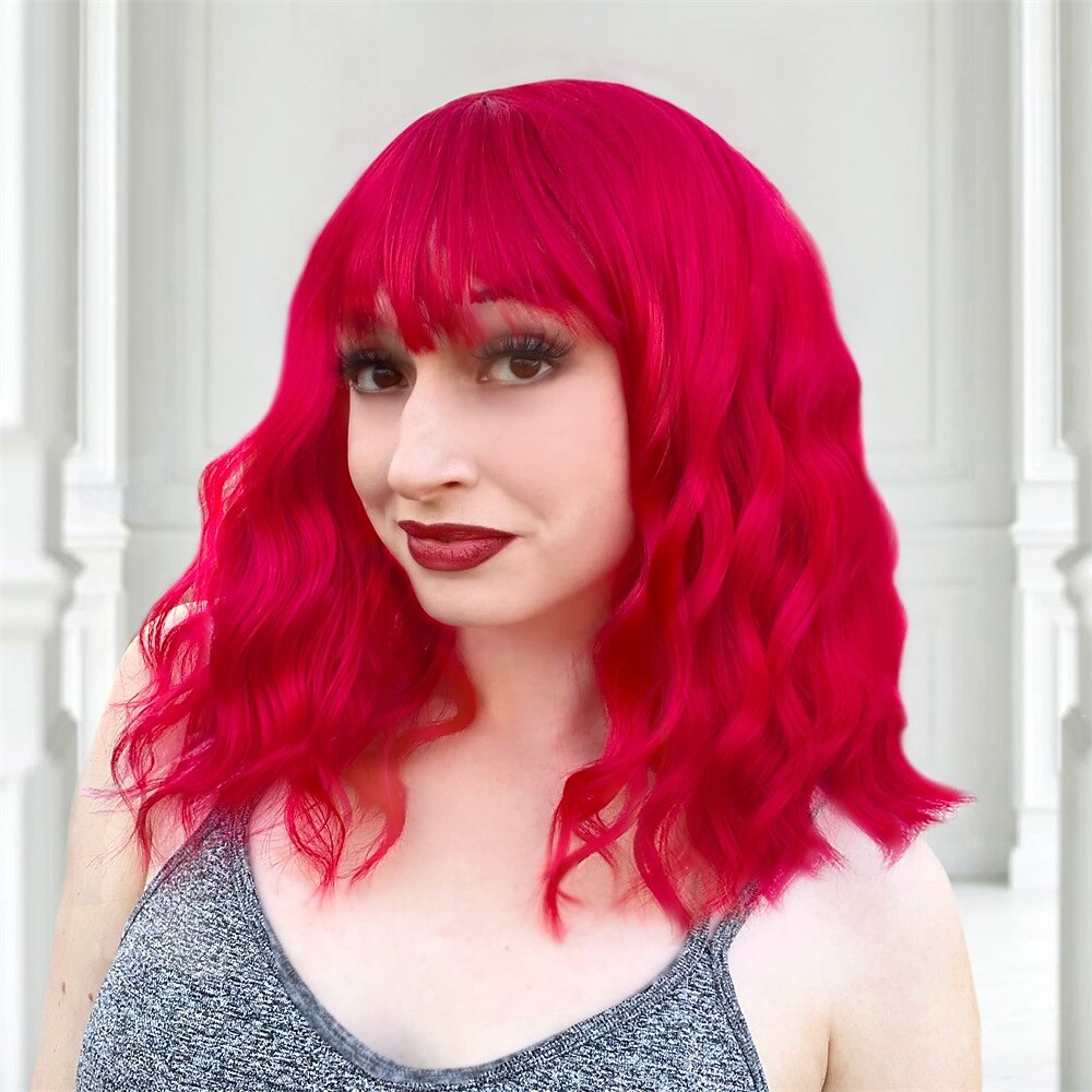 Pink Wig with Bangs Short Wavy Pink Wigs for Women Bob Wig 14 Inch Shoulder Length Middle Part Pastel Wig Curly Synthetic Colored Wigs for Girls Daily Cosplay Party Use 2025 - $21.99 –P7