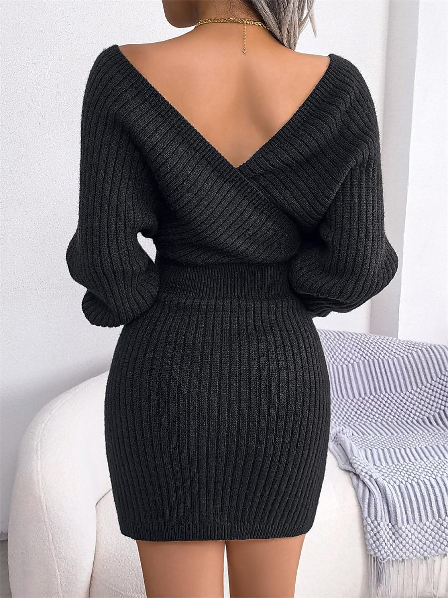 Women's Sweater Dress Jumper Dress Casual Dress Mini Dress Warm Pure Color Outdoor Casual Daily Going out Surplice Neck Long Sleeve Ruched 2023 Regular Fit Black White Blue S M L 2023 - US $27.99 –P15