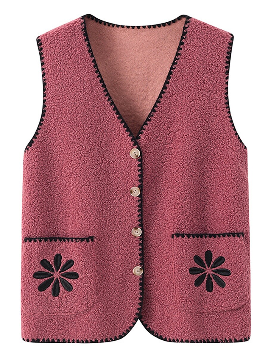 Women's Sweater Vest V Neck Crochet Knit Polyester Button Pocket Fall Winter Outdoor Daily Going out Stylish Casual Soft Sleeveless Floral claret Leather Pink pea green XL (reference 90-115 catties 2023 - US $28.99 –P6