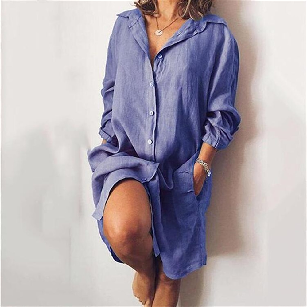 Women's Faux Cotton Linen Shirt Dress Basic Casual Daily Regular Fit Plain Long Sleeve Shirt Collar Blue Black Yellow Red Spring &  Fall 2026 - $14.99 –P7