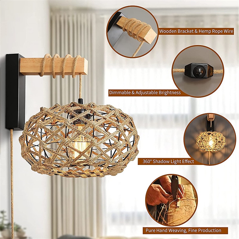 Vintage Campestre Lámparas de pared para interiores Sala de estar Comedor cuerda de cáñamo Luz de pared 110-120V 220-240V 2025 - $99.99 –P3