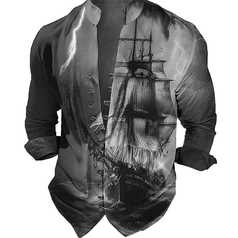 Men's Nautical Vintage Sailboat Shirt Button Up Shirt Long Sleeve Fashion Streetwear Designer Outdoor Casual Daily Summer Spring Fall Stand Collar Print Blue-Green Red Blue Green Gray 2025 - $24.99 –P5