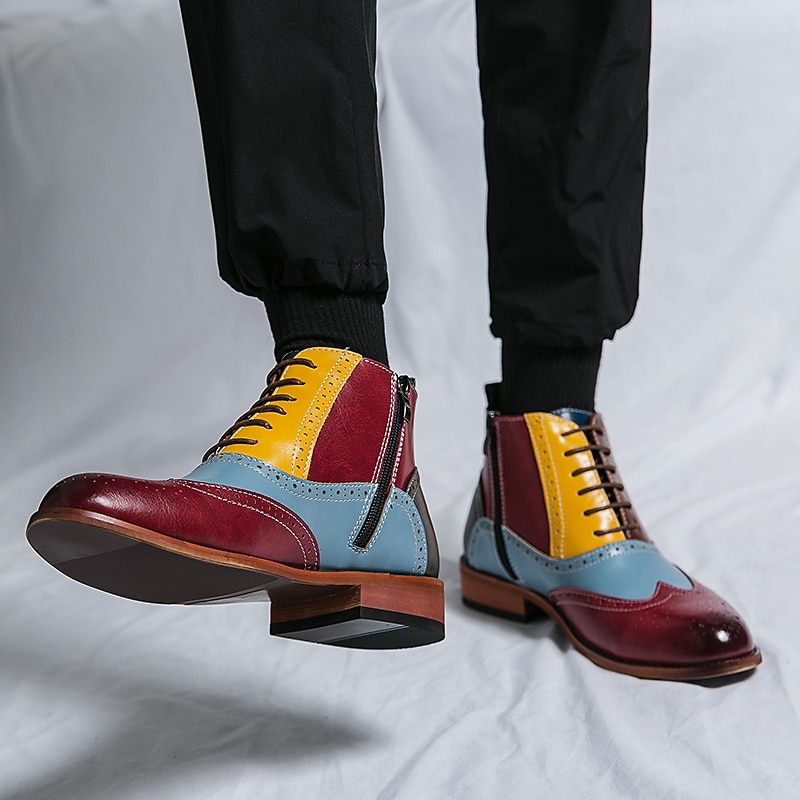 férfi vintage többszínű műbőr brogue bokacsizma - retro stílusú fűzős ruhacipő formális és alkalmi alkalmakra 2025 - $69.99 –P2