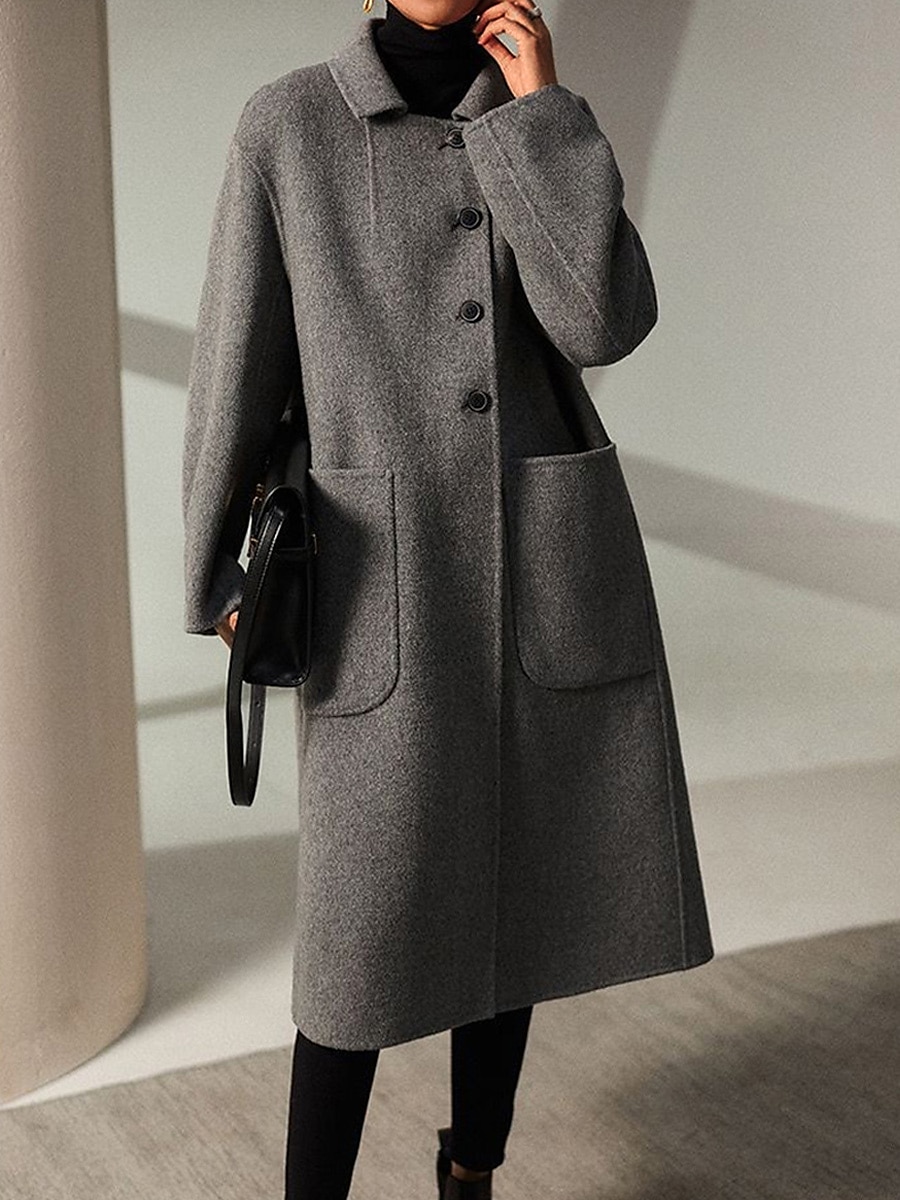 Women's Wool Blend Coat Winter Coat Long Pea Coat Fall Single Breasted Overcoat with Pockets Windproof Warm Trench Coat Casual Jacket Long Sleeve Black Camel Gray 2023 - US $29.99 –P2