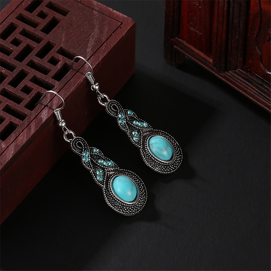 1 set (1 stks ketting 1 paar oorbellen) sieraden set voor dames blauw dagelijks reizen festival legering retro 2025 - $8.49 –P5