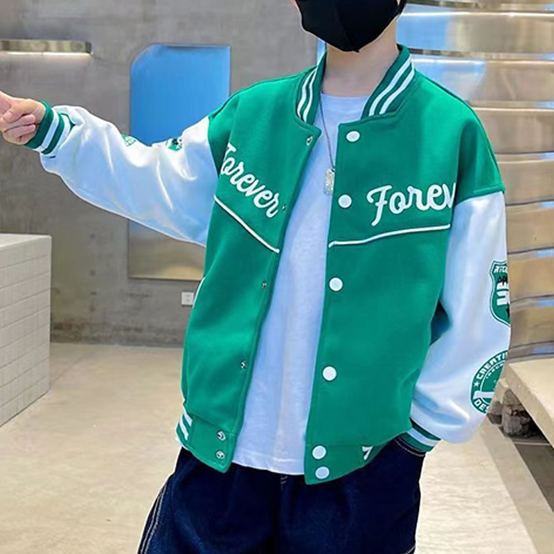 Barn Pojkar Baseballjackor Ytterkläder Färgblock Bokstav Rand Långärmad Ficka Täcka Skola Sport Mode Streetwear Svart Grön Höst Vinter 7-13 år 2025 - $22.99 –P10
