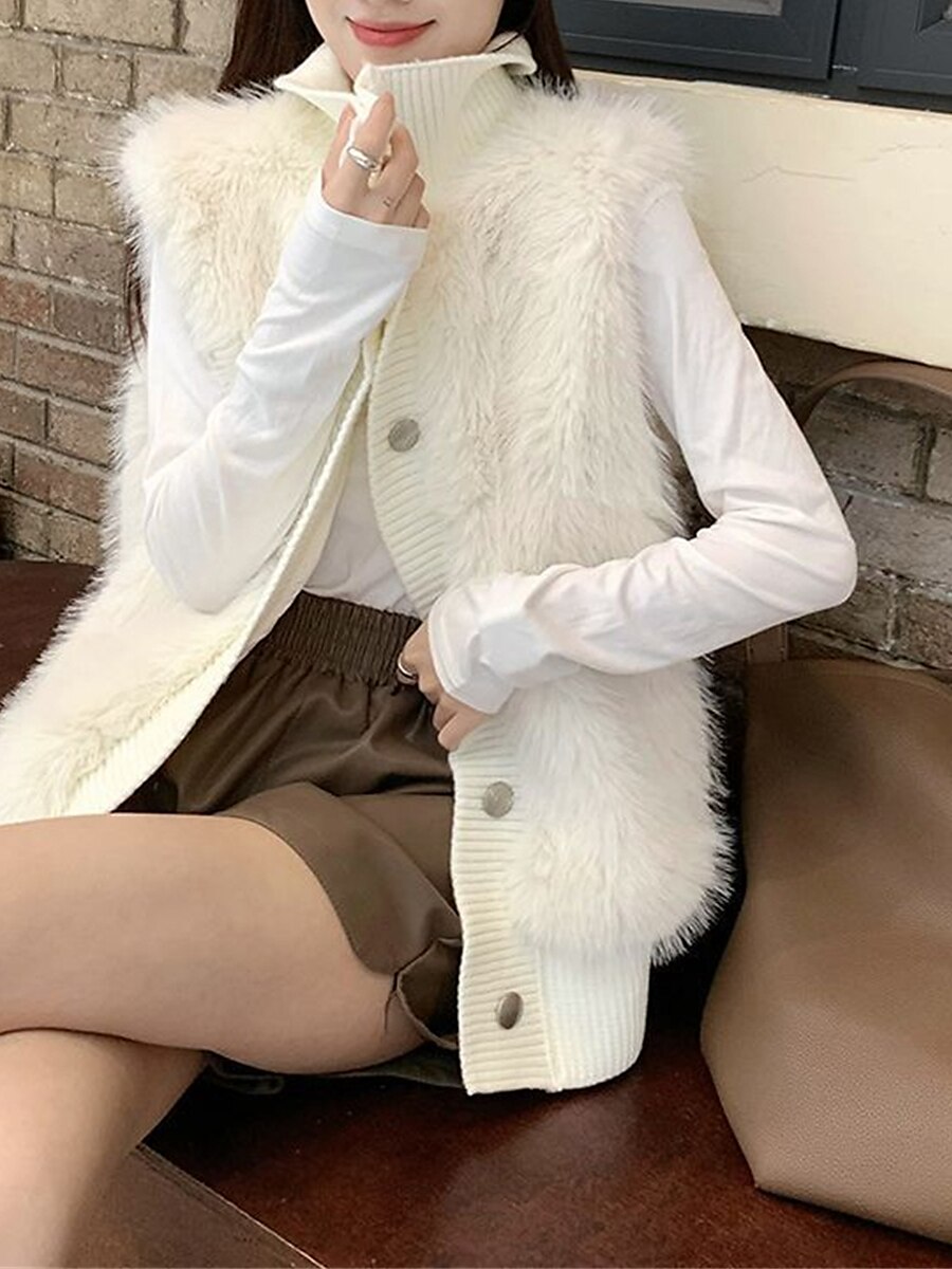 Women's Sweater Vest Shirt Collar Ribbed Knit Polyester Button Fall Winter Outdoor Daily Holiday Stylish Casual Soft Sleeveless Solid Color White khaki One-Size 2023 - US $31.99 –P1