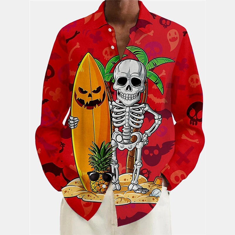 herrskjorta skalle pumpa grafiska tryck turndown svart gul röd lila utomhus halloween långärmat tryck kläder kläder mode streetwear designer casual 2025 - $25.99 –P1