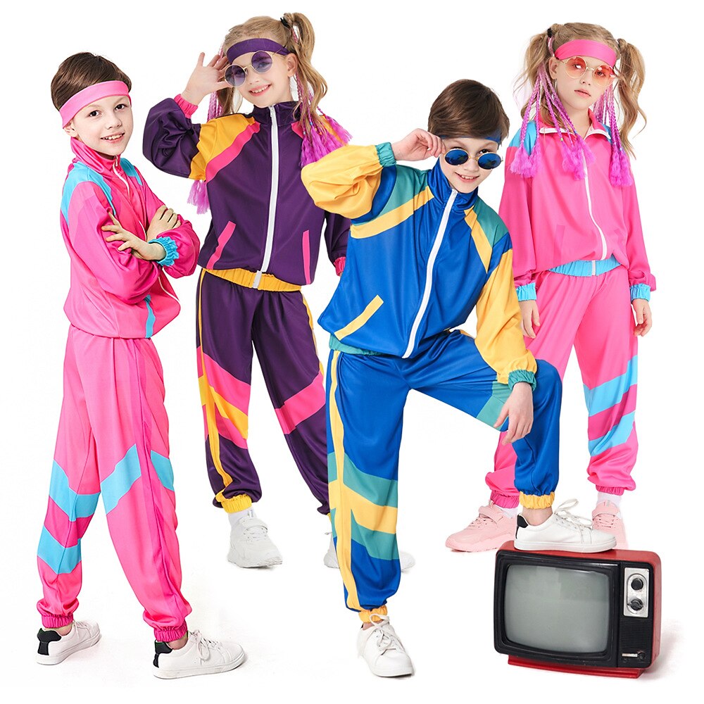 2025年 1980年代 ヒップホップ ストリートスタイル パンツ セット ジャケット ディスコ 仮装 男の子 女の子 カーニバルコスチューム マスカレード パーティー マスカレード カジュアル／普段着 子供用 上着 パンツ  コレクション – $30.99 –P1